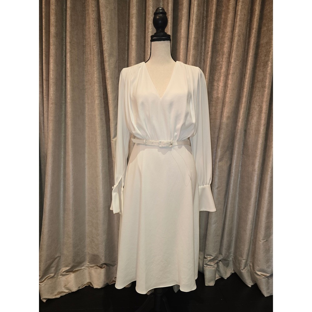 Worth New York Optic White V-Neck Midi Dress C191DR01-06 Long Sleeve Belted 6